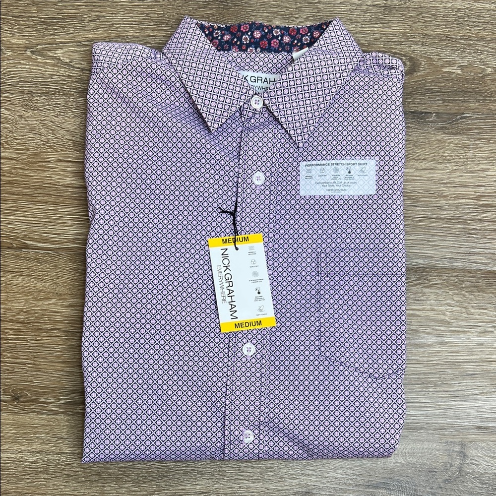 🔥 NWT Nick Graham Everywhere Performance Stretch Shirt Purple Geo Print Medium 🔥